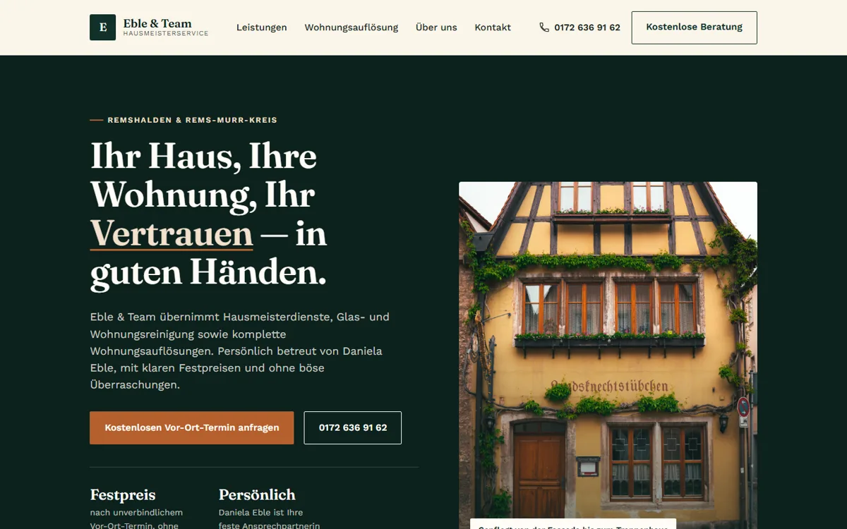 Startseite der Website Eble & Team Hausmeisterservice, Hausmeisterdienst und Reinigung in Remshalden