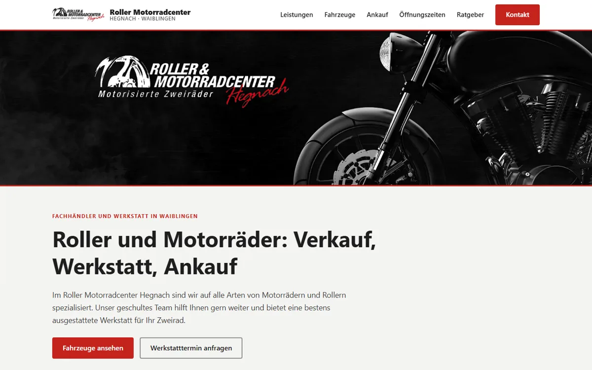 Startseite der Website Roller Motorradcenter Hegnach, Zweirad-Fachhandel und Werkstatt in Waiblingen